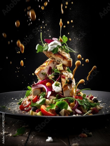 Salad with grilled chicken fillet and vegetables on a black background. generative AI
