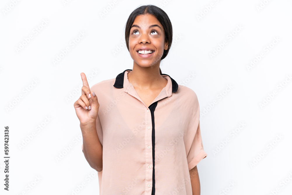 Young African american woman isolated on white background pointing up and surprised Young African american woman isolated on white background pointing up and surprised