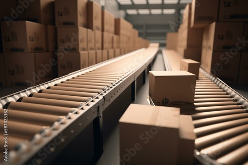 3D render of conveyor belt with cardboard boxes for package delivery and transportation service. Generative AI