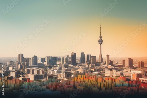 Multilayered Johannesburg skyline with gradient colors highlighting its landmarks and transparency. Generative AI