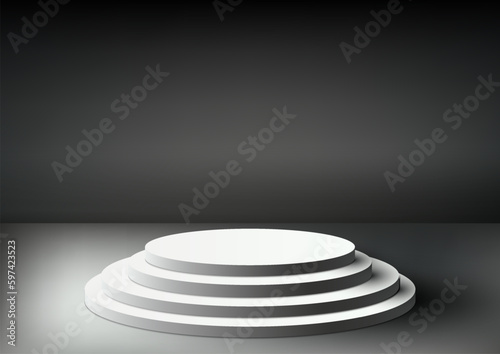 3D realistic empty white podium platform stand level step display on black background