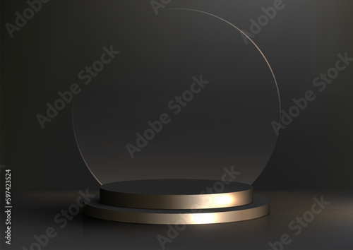 3D realistic modern luxury style gold black cylinder podium platform with transparent glass circle backdrop on dark background