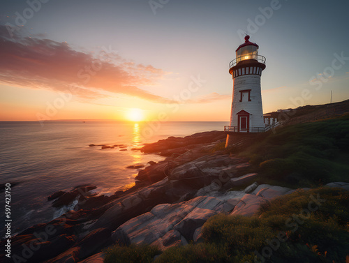 lighthouse on the coast with a sunset