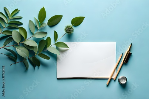 notebook, pens and natural eucalyptus twigs isolated on pastel blue background with copy space