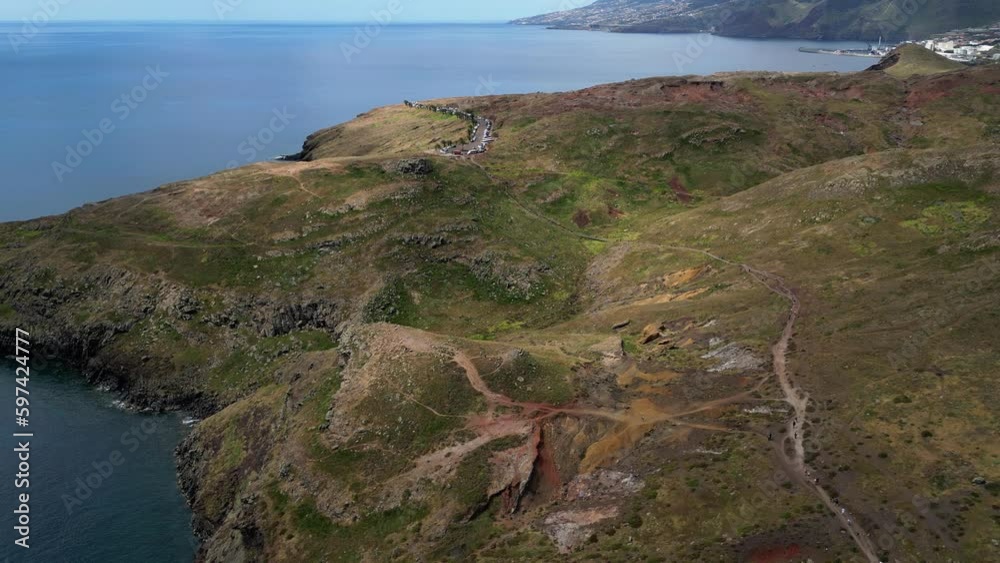 Volcanic Madeira hiking valleys trails aerial view above Ponta de sau Lourenco mountain landscape, Portugal Volcanic Madeira hiking valleys trails aerial view above Ponta de sau Lourenco mountain landscape, Portugal