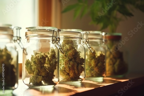 Glass jars with dried cannabis heads standing on a wooden stand. Medicinal grades of cannabis. Dried hemp.