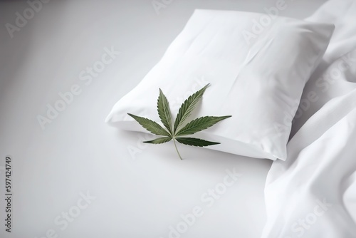 Banner with pillow and cannabis leaf. CBD or CBN concept