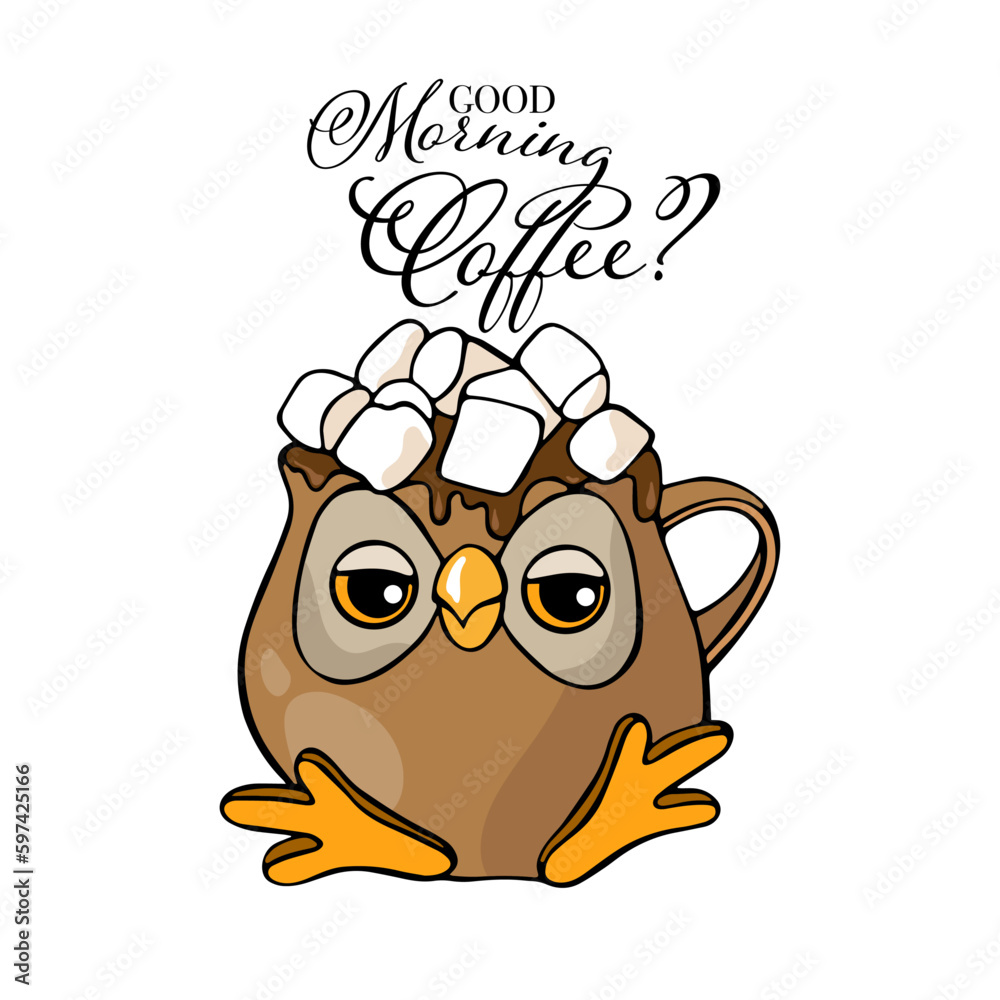 Naklejka premium drawn cup-owl with coffee and book, coffee day, world coffee day