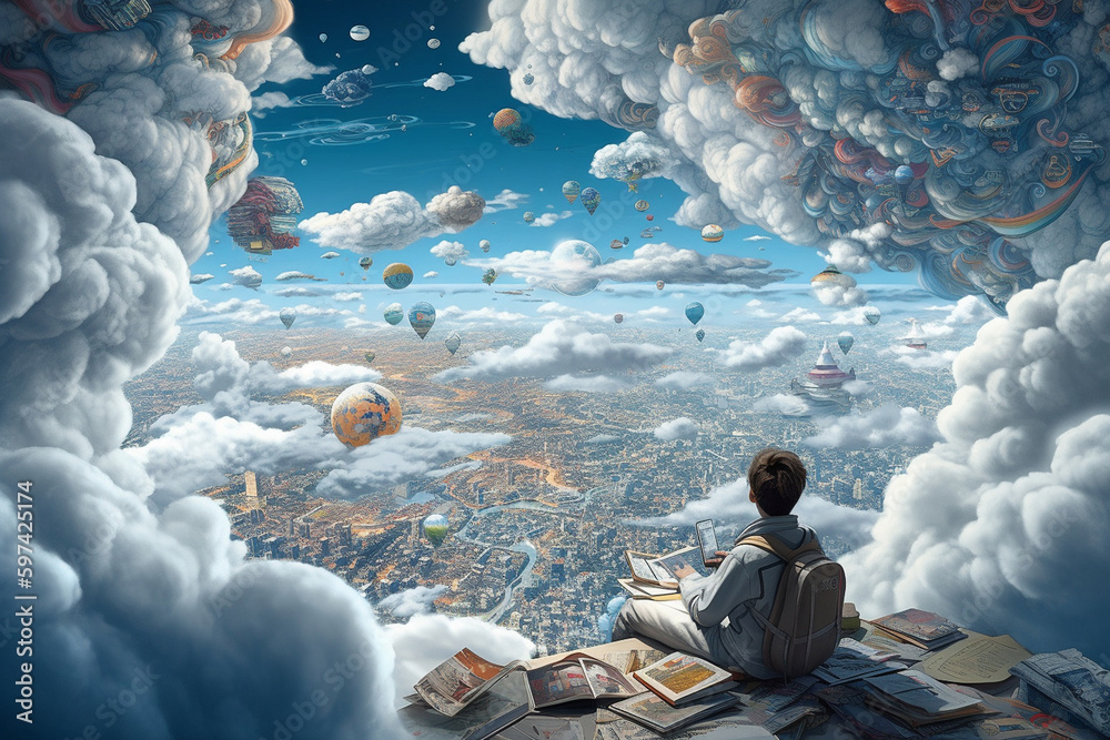 a young guy among books and clouds, the world of dreams, reading literature, created by a neural network, Generative AI technology - obrazy, fototapety, plakaty 