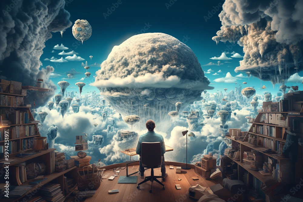 Naklejka premium a young guy among books and clouds, the world of dreams, reading literature, created by a neural network, Generative AI technology