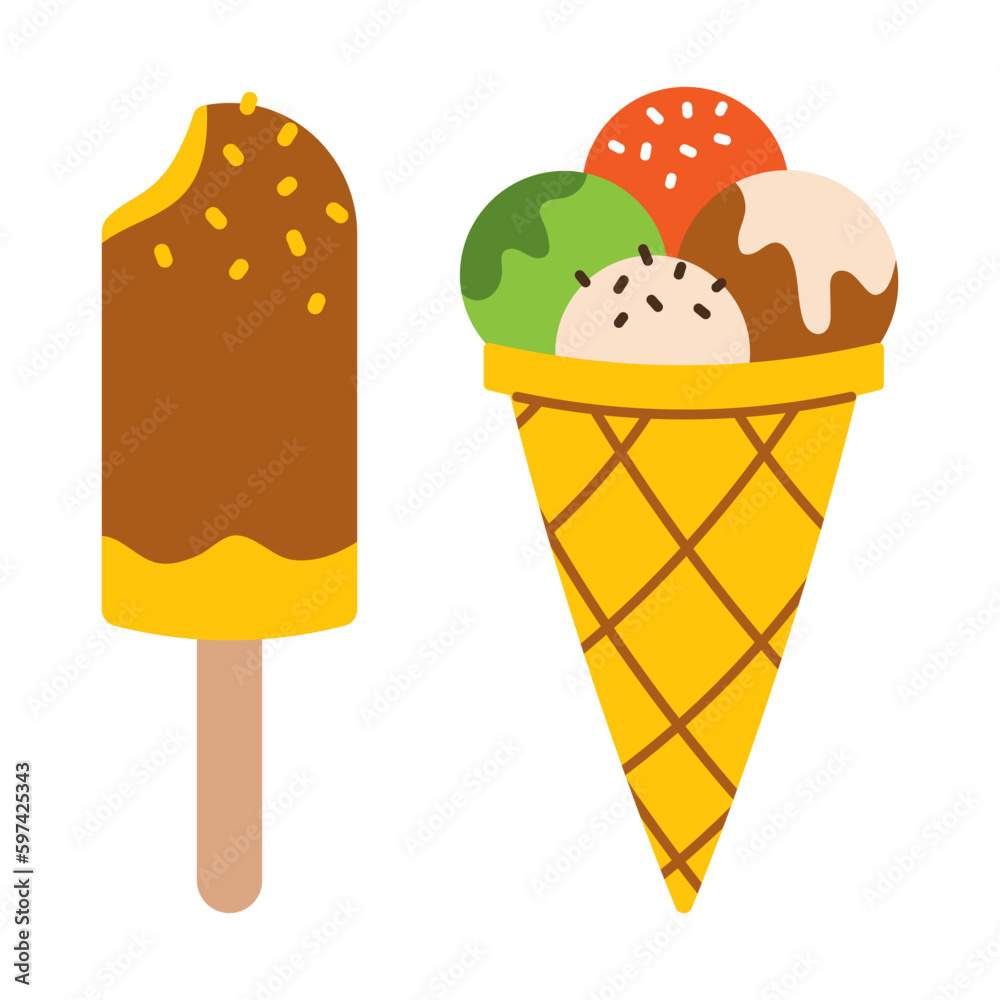 Vector set of ice cream. Waffle cone with scoops of ice cream. Ice cream on chocolate glaze on stick. Summer desserts. Ice cream balls in waffle cone and eskimo pie. Sweet food in flat design. Vector set of ice cream. Waffle cone with scoops of ice cream. Ice cream on chocolate glaze on stick. Summer desserts. Ice cream balls in waffle cone and eskimo pie. Sweet food in flat design.