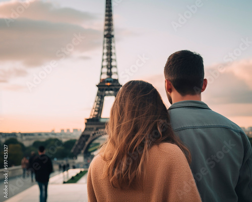 generative ai illustration of couple, man, woman from behind in paris, france © epiximages