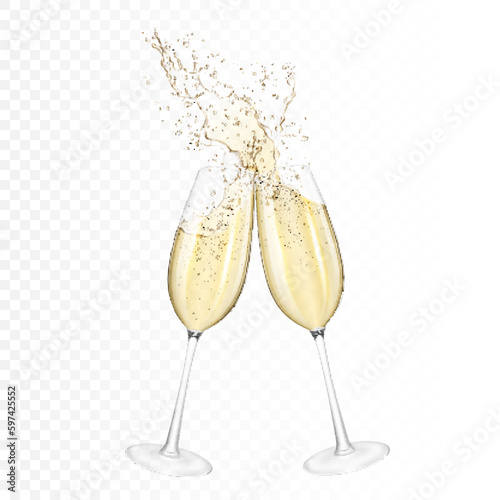 Transparent realistic two wine glasses of champagne, isolated.