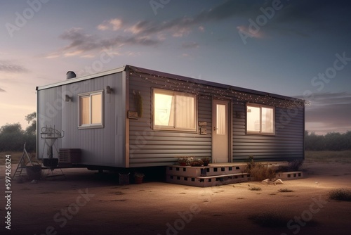 3D rendered mobile home on a Vue platform. Generative AI © Althea