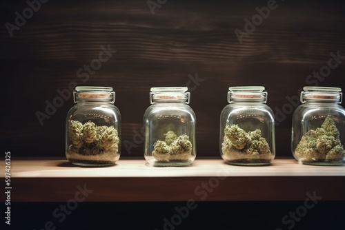 Medicinal cannabis, dry cannabis buds in glass bottles.