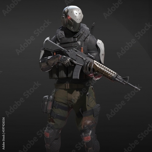 A character with a gun and a helmet created using generative AI tools