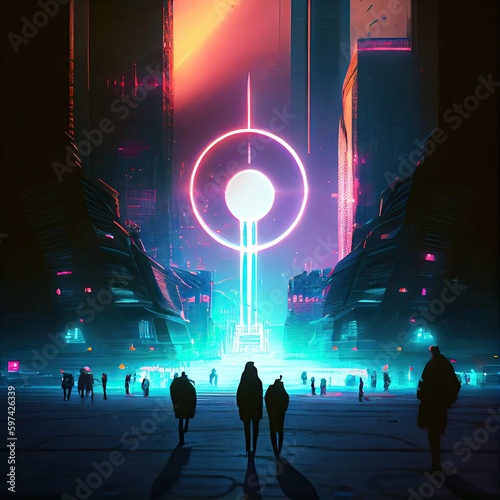 Neon Glowing street portal open created using generative AI tools