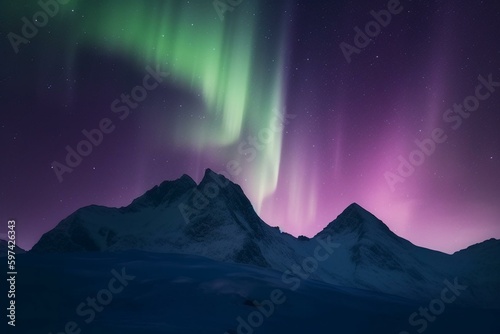 Majestic purple Northern Lights over mountains create a magical banner with space for text. Generative AI