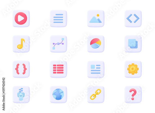 File type, document format icon set: avi, txt, mp3, png, zip, ai, html, pdf. Large file 3d vector icon collection for mobile or desktop application. Three dimensional vector colourful pictogram set. 