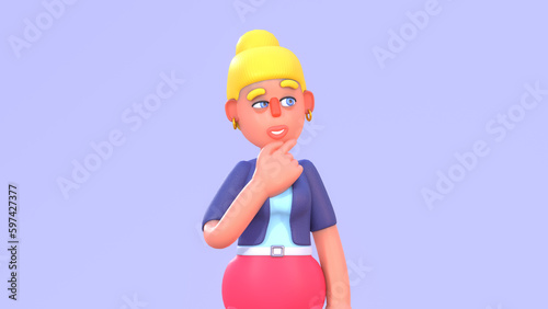 3d render of cute woman thinking, making decision, contemplating