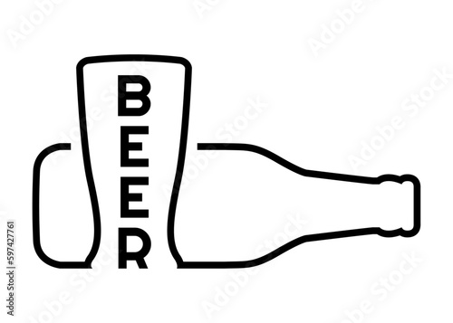 Logo cervecería. Botella de cerveza y vaso con línea contínua con palabra Beer