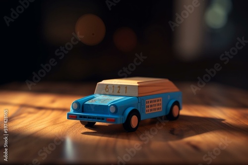 3D-rendered wooden toy car and blue calculator on a wooden table. Generative AI