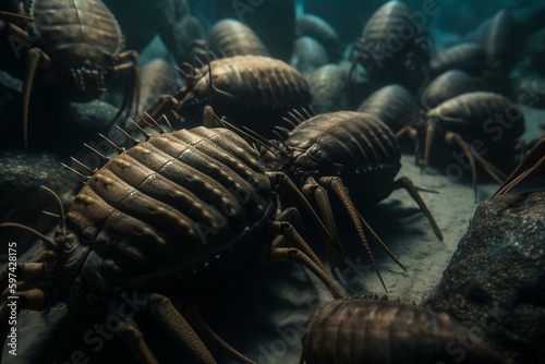 Trilobites feeding at the seafloor. Generative AI
