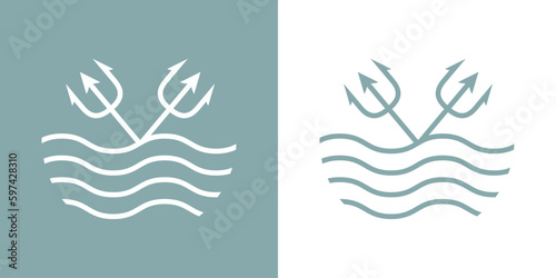 Logo Nautical. Silueta lineal de tridentes de Neptuno cruzados con olas de mar
