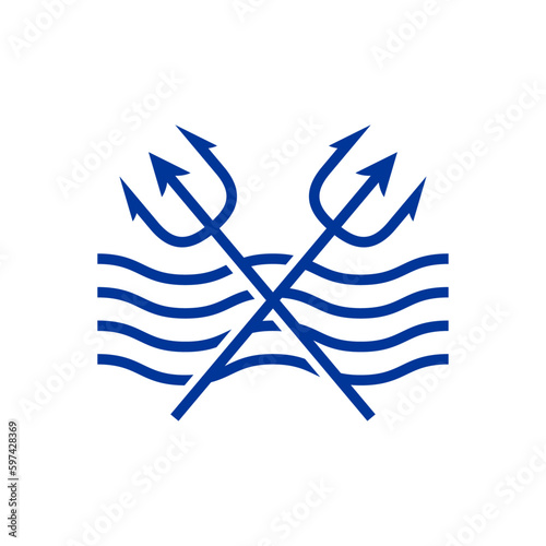Logo Nautical. Silueta lineal de tridentes de Neptuno cruzados con olas de mar