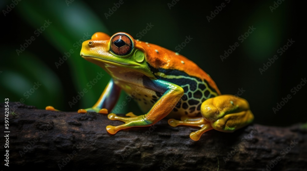 multi-colored frog sits on a log of a tree near the water. Macro photo multi-colored frog sits on a log of a tree near the water. Macro photo