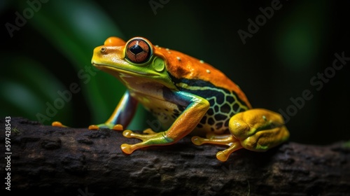 multi-colored frog sits on a log of a tree near the water. Macro photo