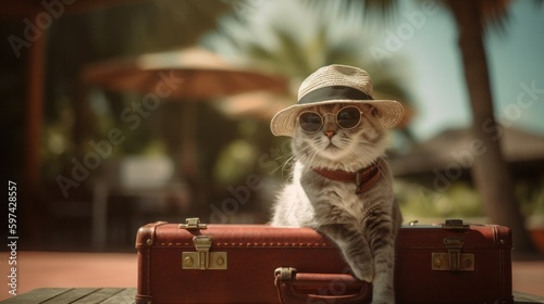 a cat in sunglasses sits in a hat with a suitcase near palm trees