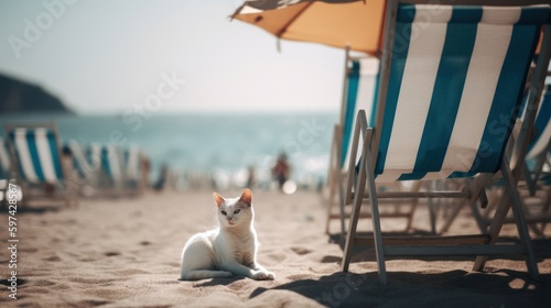 White cat on the beach next to deckchairs