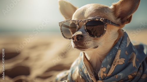 cool chihuahua in shorts and dark glasses and summer