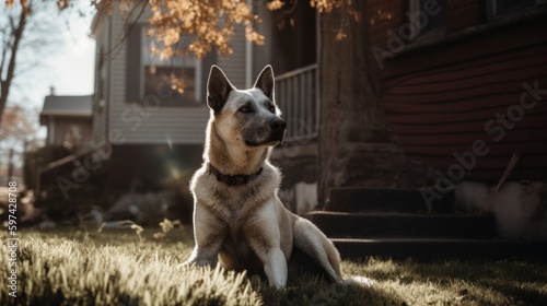 a German shepherd dog sits in the yard near the house