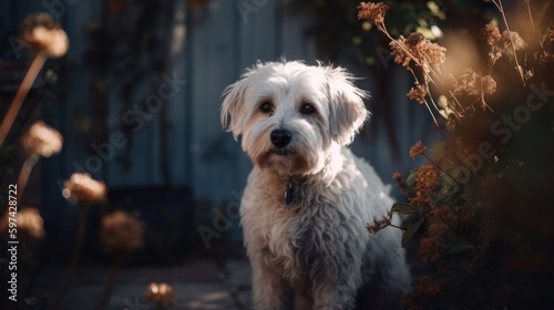 the dog is sitting in the yard