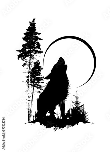 The wolf howls at the moon graphics. Tattoo, t-shirt print. Vector illustration