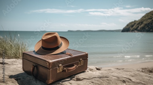  suitcase with a hat lies on a stone near the sea. Vacation  and travel concept