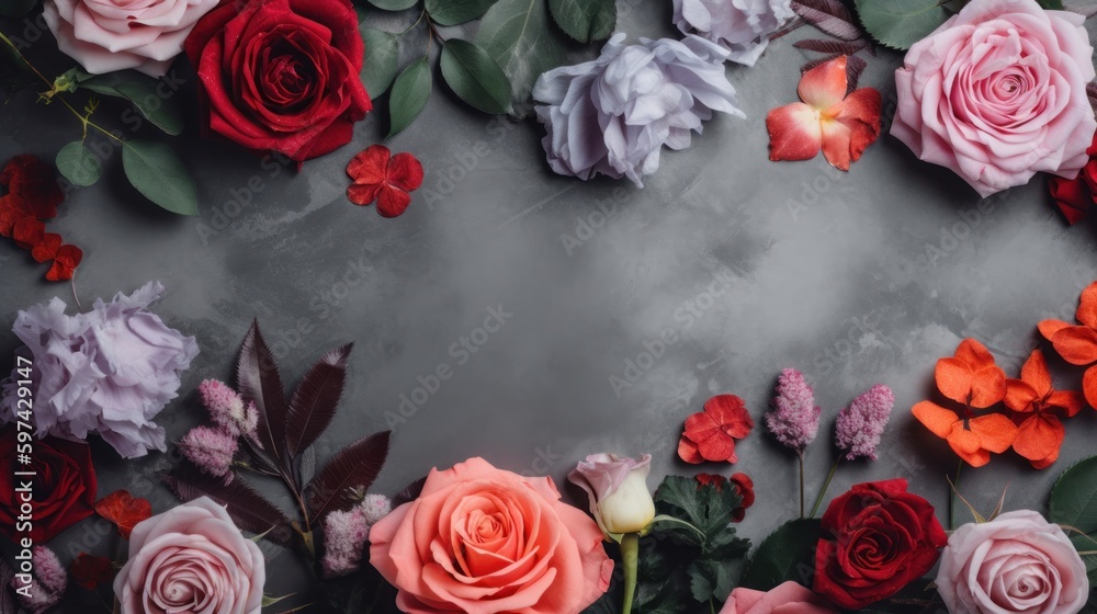 gray plain banner with pink roses above and below gray plain banner with pink roses above and below