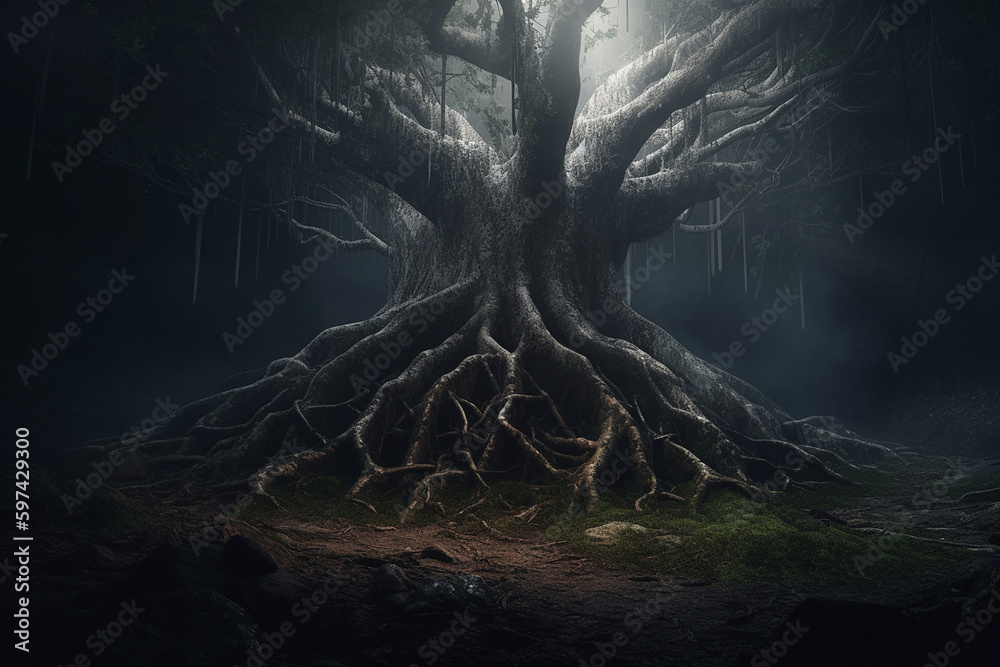 fantasy is a huge tree with massive roots in a mysterious misty forest ...