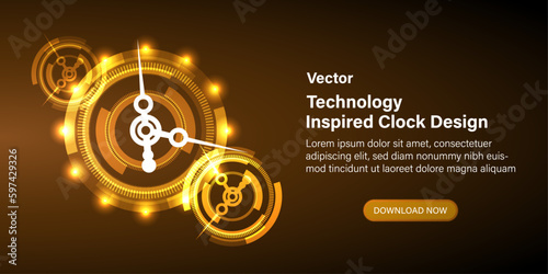 Golden abstract technology-inspired clock design. Futuristic technology background with a clock concept and a time machine. Rotatable clock hands, with dynamic visual effect. Vector.