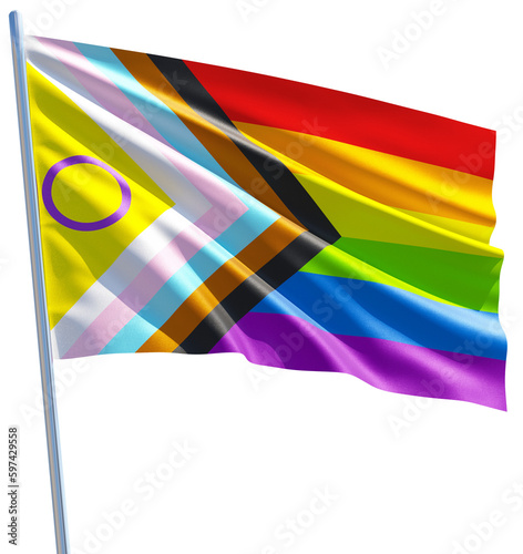 Progress Pride with intersex inclusion rainbow flag waving on transparent background, cut out object for LGBTQIA+ Pride month, sexuality freedom, love diversity celebration in 3D illustration photo