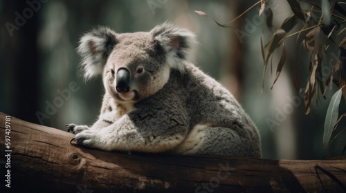 a small gray koala sits on a bamboo tree