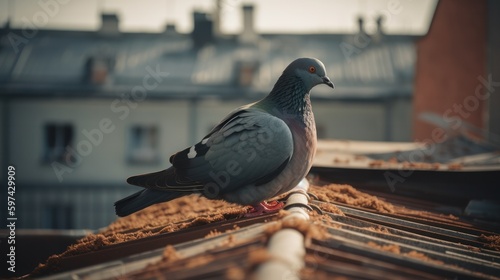 a pigeon on a roof in the city.. Generative AI