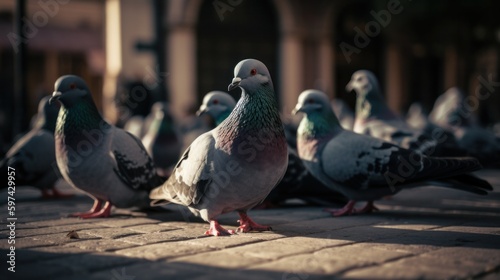 pigeons on the square in the city. Generative AI