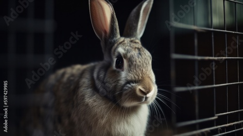 gray rabbit in a cage. Generative AI