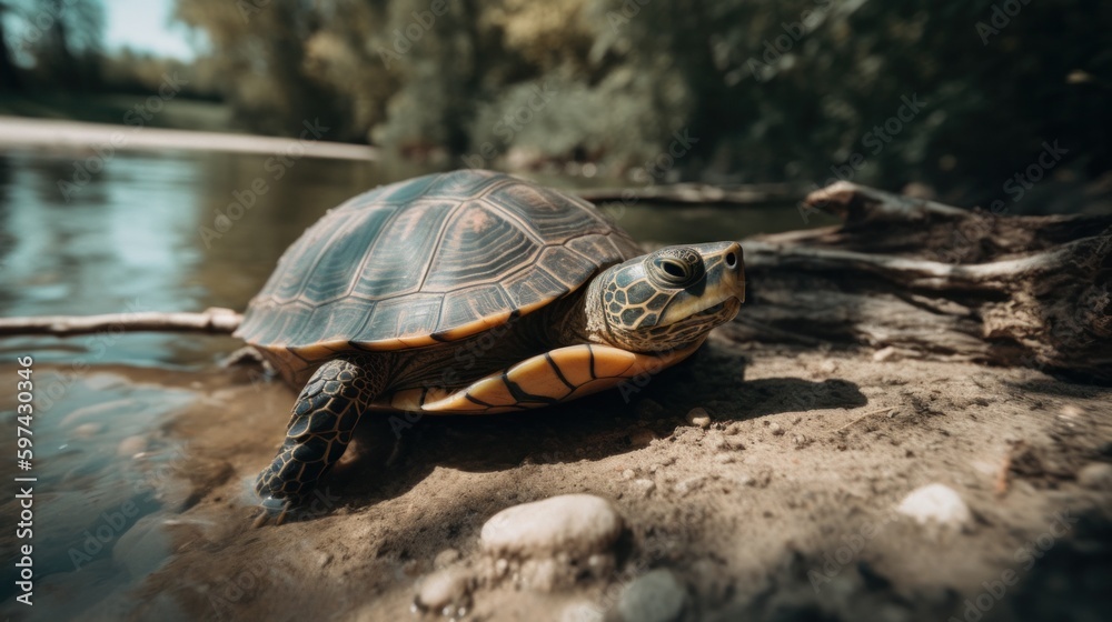 Fototapeta premium turtle on the shore of the lake. Generative AI