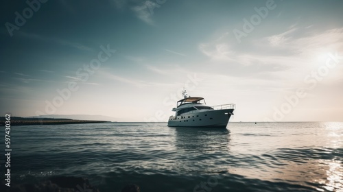 a white yacht stands in the sea. Generative AI © bazusa