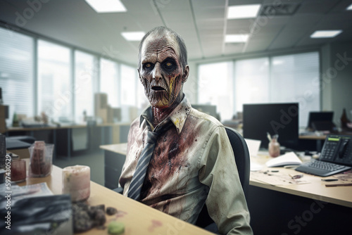 funny zombie in the office, created by a neural network, Generative AI technology photo