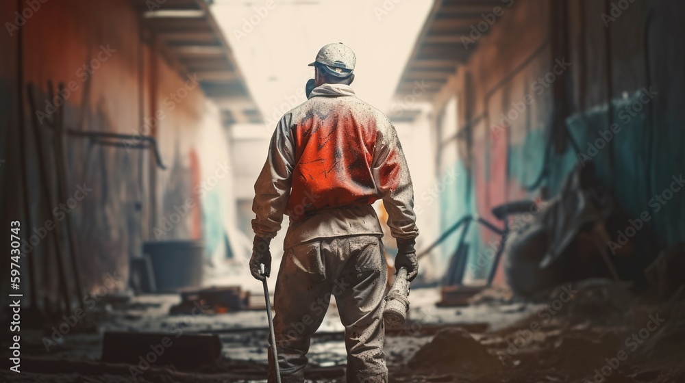 Worker on the ruins, construction site, protective suit, hard hat, helmet. A worker from behind at a construction site in special work clothes. Generative AI Worker on the ruins, construction site, protective suit, hard hat, helmet. A worker from behind at a construction site in special work clothes. Generative AI